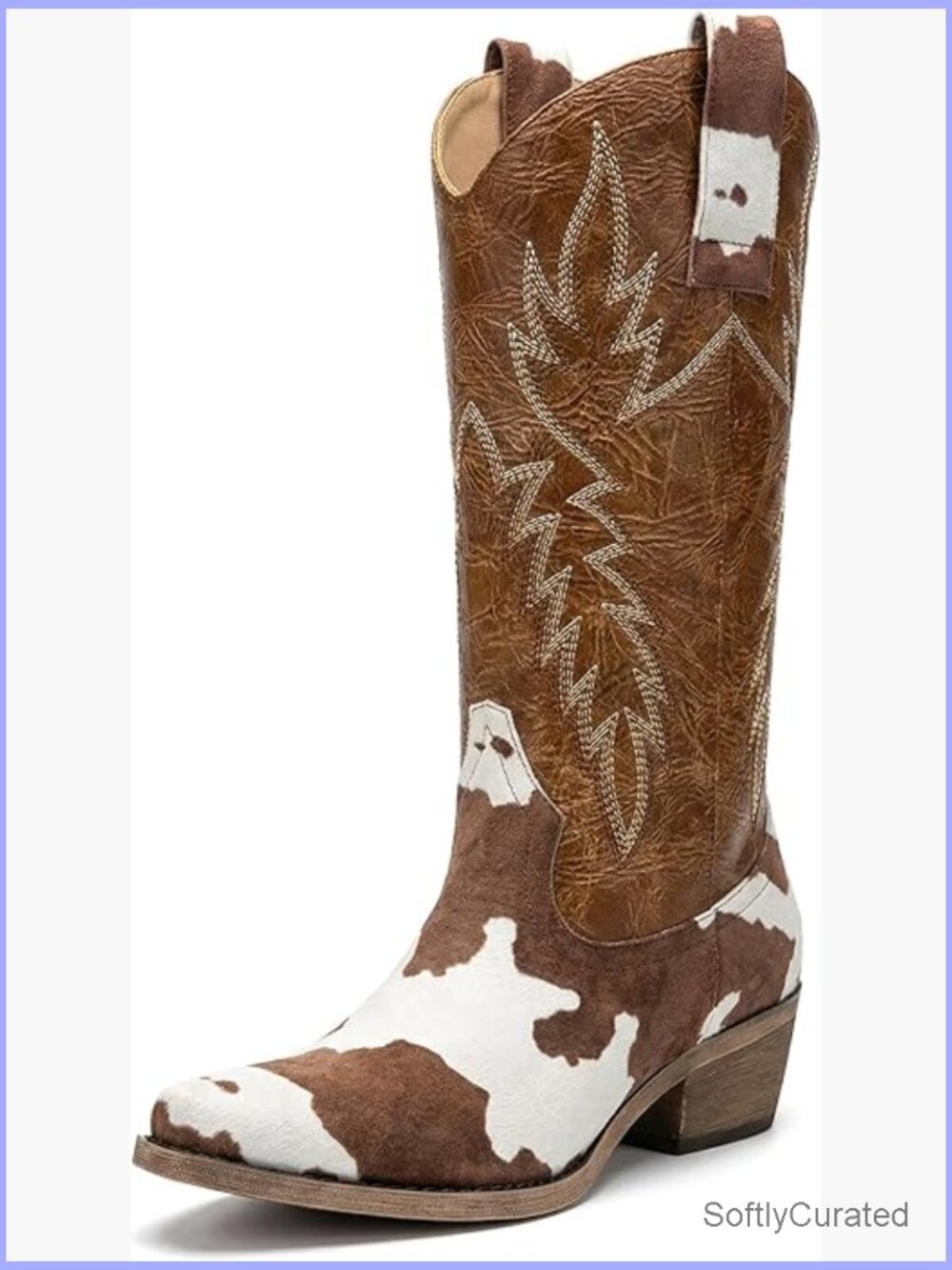 Cow Print Cowboy Boots Knee-High Western Cowgirl Pointed Toe Low Heel - Picture 1 of 6